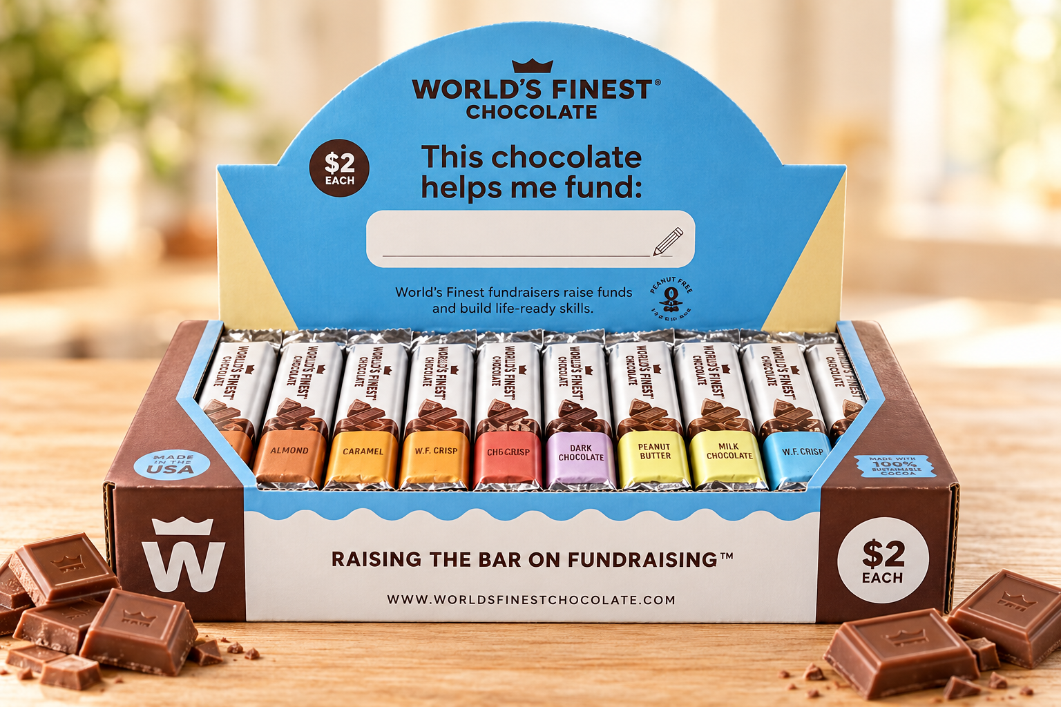 World’s Finest Chocolate $2 display box with assorted bars and chocolate squares