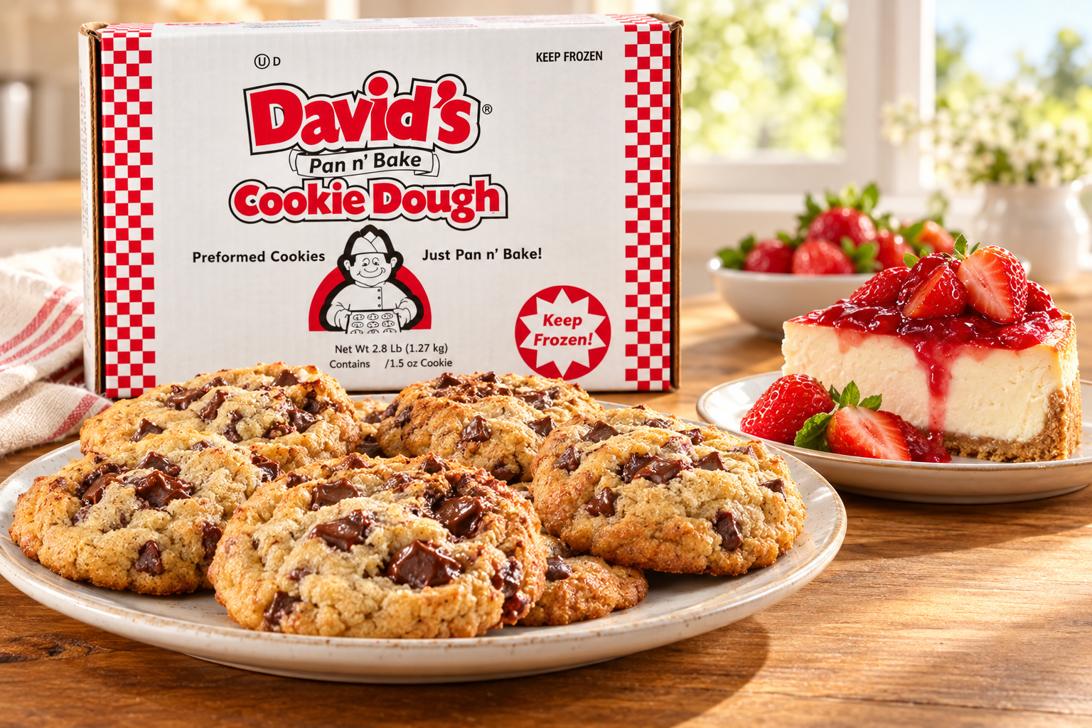 David’s Pan n’ Bake Cookie Dough box with chocolate chip cookies and strawberry cheesecake