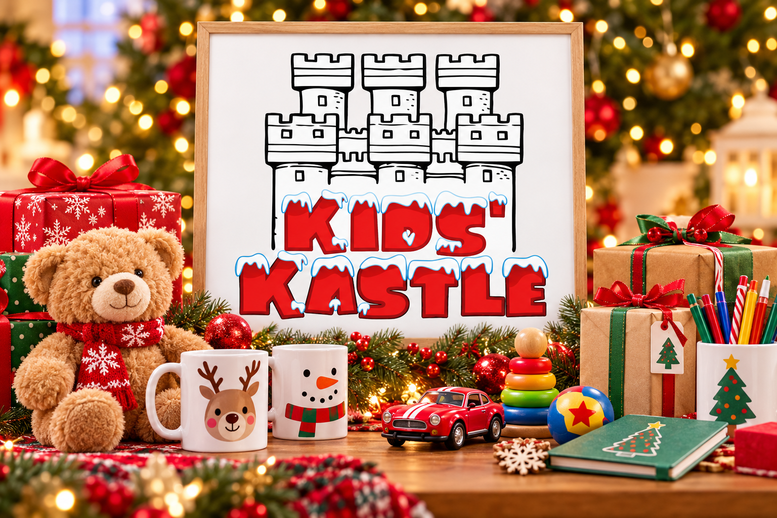 Kids’ Kastle logo with festive gifts for a school holiday shop